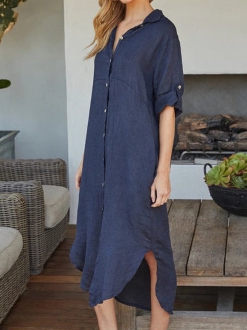 Milio Milano Solid Midi-Length Linen Dress - Navy Blue Size M - Picture 2 of 5